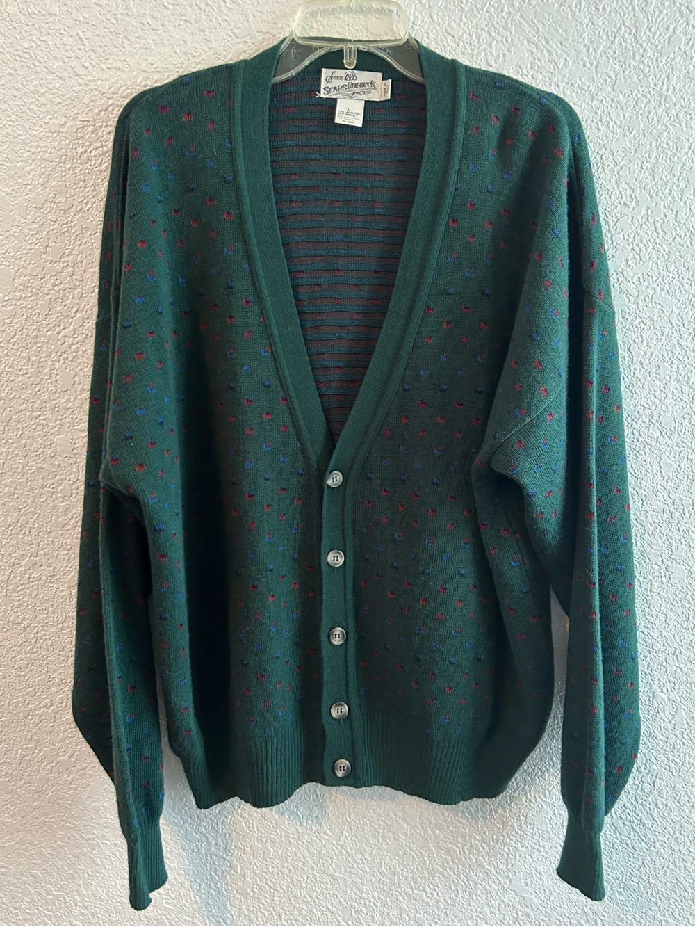 Vintage Sears Roebuck & Co Sweater Mens Large Green Knit Cardigan Italy 80s